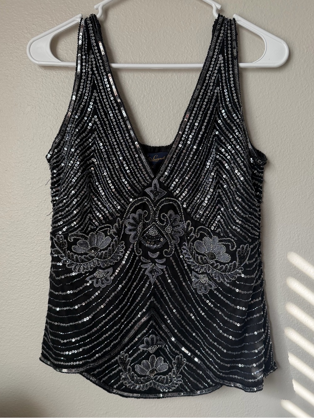 NWT Luisa Spagnoli Beaded Silk Top Size 44 Black Silver Sequin Art Deco Gatsby